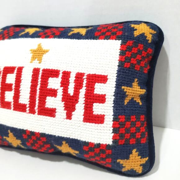 Mini Needlepoint Believe Holiday Accent Pillow Blue Velour Back NO TAG 8"x6" - Picture 3 of 9